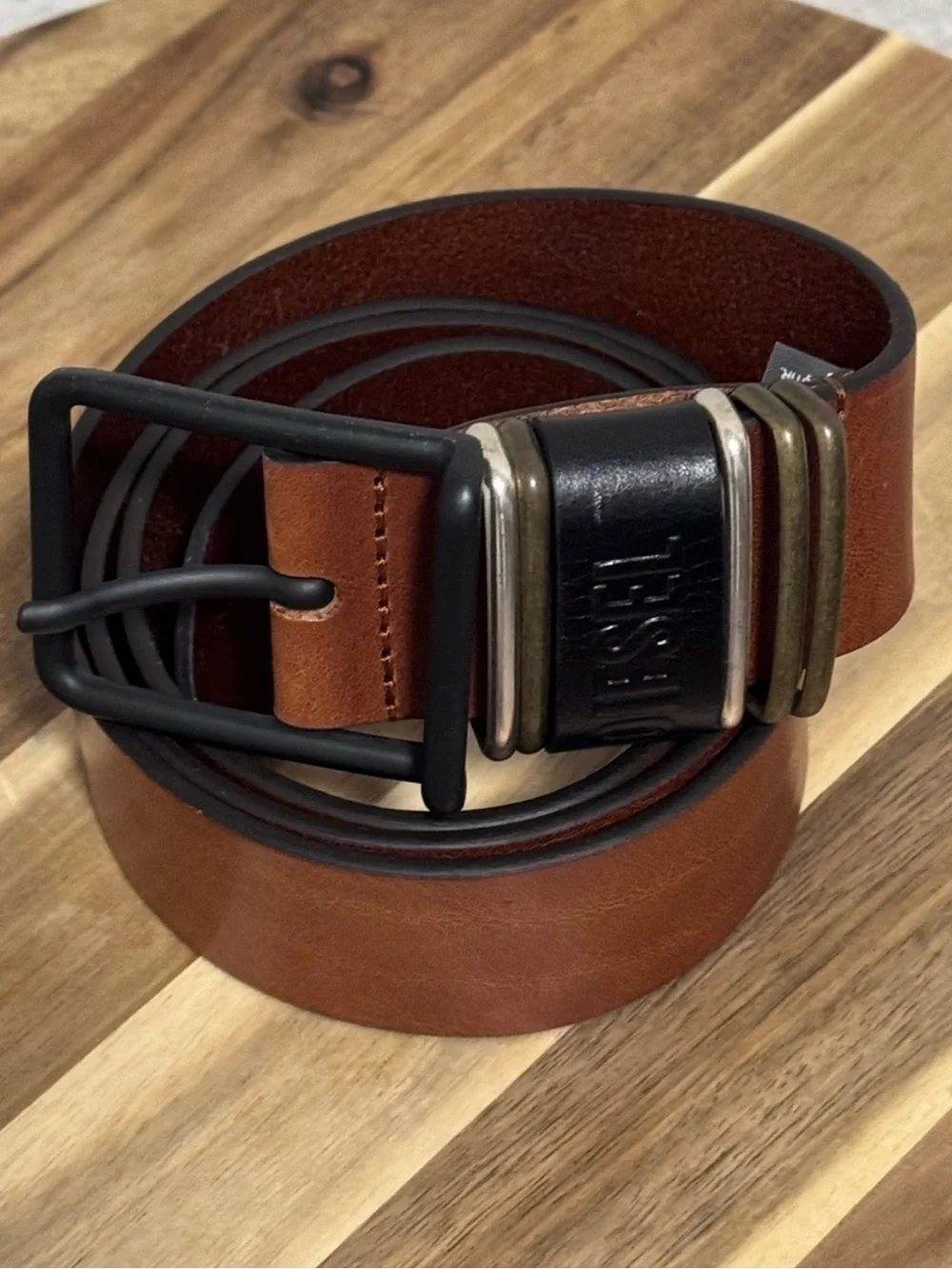 DIESEL Caramel Tan Cowhide Leather Belt TriTone Buckle US38 EU95